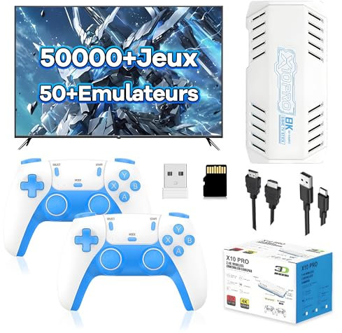 X10 Pro Console de Jeu Rétro 128 Go, Manette de Jeu avec 50 000+ Jeux Rétro Intégrés et 50+ Émulateurs, Émulateur Vidéo Plug and Play, Manette de Jeu avec 2 Manettes sans Fil 2,4 GHz pour TV (Bleu)