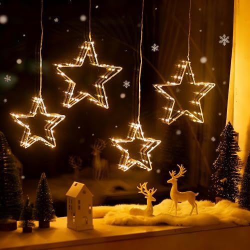 Sziqiqi Led Stern Fenster Weihnachtsbeleuchtung: Fensterbeleuchtung Stern 4 Stück für Weihnachtsdeko Innen - 20 LED Weihnachtsstern Beleuchtet mit Timer 8 Saugnäpfe für Fensterdeko Weihnachten