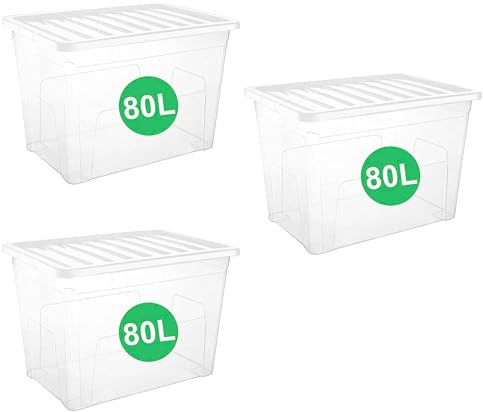 ADEPTNA Set of 4 x 30L Clear Plastic Storage Boxes with Lids Strong BPA-Free Stackable Containers Durable Multipurpose Nesting Box for Home, Kitchen, Garage, Office (80L / 3PK)