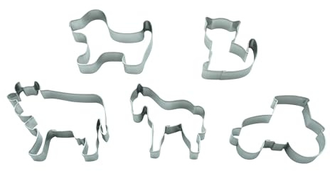 BekkiB - 998860 - Lot de 5 emporte-pièces « Ranch » - Tracteur, chien, chat, cheval et vache - En acier inoxydable - Passe au lave-vaisselle - Pour la cuisson des biscuits
