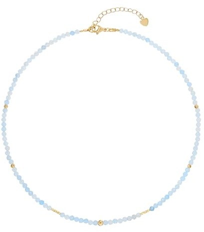 DomiSoul Halskette aus natürlichen Edelsteinen | Akwamarin 3 mm | Handgefertigter Schmuck | Zertifizierte echte Steine | 14K vergoldete Elemente | Damen Edelstein Kette