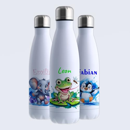 Gravur-Max Trinkflasche Edelstahl 500 ml personalisiert - Frosch – doppelwandige Thermosflasche hält 13 h warm & 24 h kalt – auslaufsicher, BPA-frei & mit Wunschnamen bedruckt – weiß