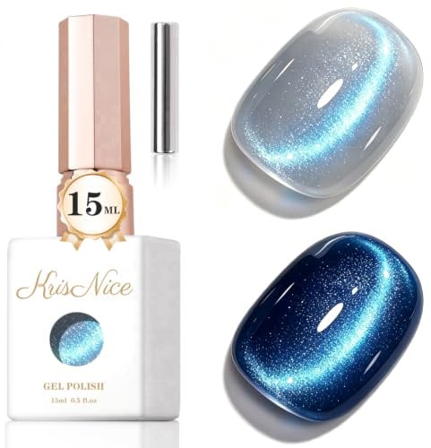 KRISNICE Gelé Glas Cat Eye Gel Nagellack Katteöga med Magnet 15ML Magnetisk 3D Glittrande Holografiskt Genomskinlig Skimrande Färg Gellack Salon Hemtjänst 0,5 fl.Oz (Azurblå aurora)