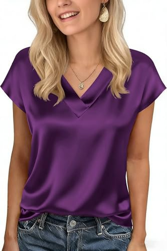 Xiaoliny Camicia Donna Elegante Blusa in Raso di Seta Casual T-Shirt Maniche Corte con Scollo a V Camicetta Satin Basic Top Estivo Larghe Maglia Semplice Chic Maglietta per Tempo Libero Festa Ufficio