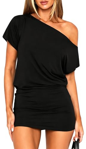 Coloquin Women Off Shoulder Short Sleeve Mini Dress Y2k Bodycon T Shirt Dress Casual Party Going Out Dresses Black S
