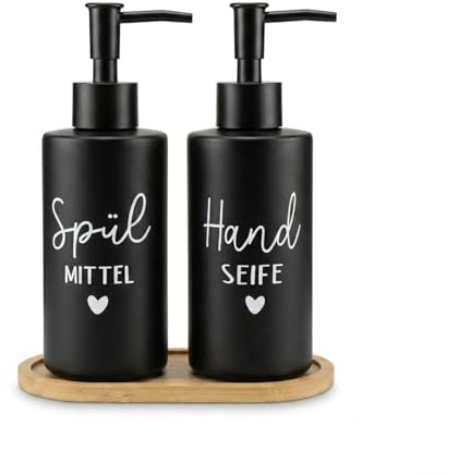 Seifenspender Glas 2er Set schwarz matt 350ml - Spülmittelspender Küche & Bad, Seife und Spülmittel Spender (Rund)
