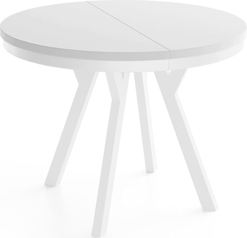 WFL GROUP Runder Ausziehbarer Esstisch im Loft-Stil – Verlängerbarer Tisch mit Weißen Holzbeinen & Metallring – Platzsparender Esstisch für Wohnzimmer – Weiß – 80 bis 130 cm