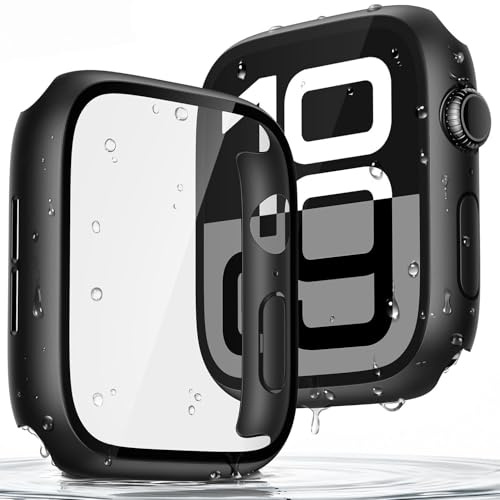 Recata wasserdichte Schutzhülle für Apple Watch SE3/SE2/SE/Series6/5/4 44mm | 2 Stück Harte Hülle mit Gehärtetem Glas Displayschutz, Ultradünne, Kratzfeste und Stoßfeste, Schwarz