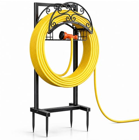 JNUYISW Gartenschlauchhalter, 108,5cm Standfester Metall Schlauchhalter Freistehend für bis zu 45m Schlauch Abnehmbares Gartenrohrständer mit Aufbewahrungskorb für Garten, Hof, Rasen, Terrasse