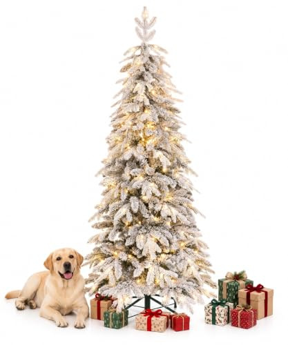 Yorbay Künstlicher Weihnachtsbaum aus PE & PVC: 180 cm hoch mit Schnee | Slim Künstlicher Tannenbaum mit Beleuchtung LED und Metallstander für Weihnachten-Dekoration - Ideal für Festliche Stimmung