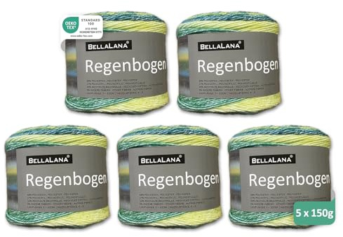 BellaLana Wolle Regenbogen, Farbverlaufs-Garn, 5x150g, Gelb-Blau | Materialmix mit recycelter Baumwolle - Lauflänge ca. 330m - Nadelstärke 4-5 - für Schals, Pullover & Accessoires