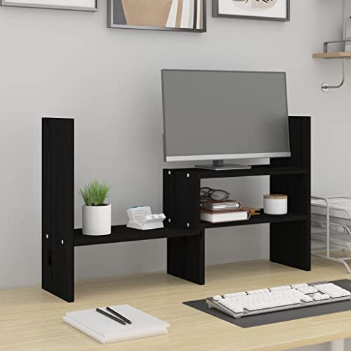 Kaloriko Supporto per monitor nero in legno di pino massiccio, regolabile 39-72 x 17 x 43 cm, supporto ergonomico per PC e ripiano per ufficio, home office, gaming e organizzazione della scrivania