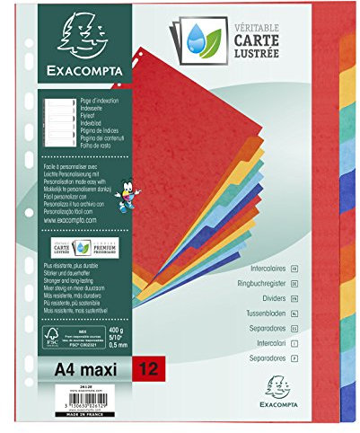 Exacompta 2606E Kunststoff-Register für DIN A4 aus Colorspan Karton 12-teilig volle Höhe 24 x 29,7 cm mit 12 verschiedenfarbigen Taben und Blättern Universallochung Trennblätter Trennstreifen