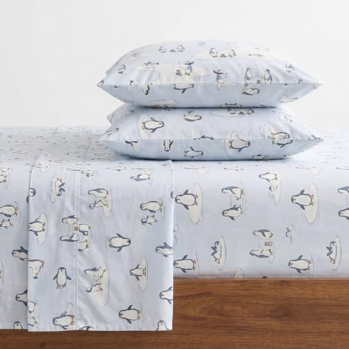 Eddie Bauer - Flannel Sheets Queen Size, Anti-Pilling & Wrinkle Resistant Cotton, Bed Sheets with Matching Pillowcases & Fitted Sheet (Skating Penguin Light Blue)