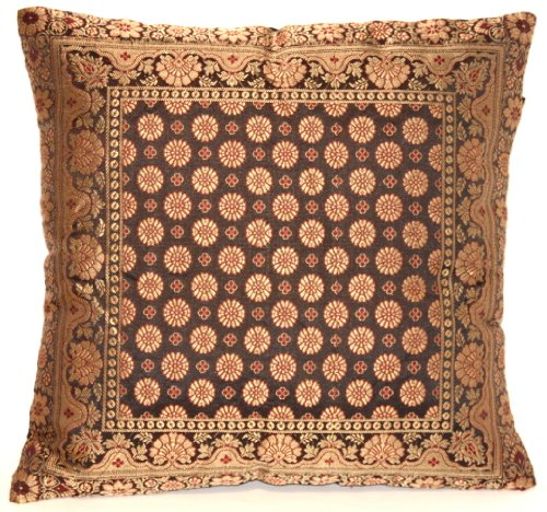Kashmir Handicrafts Indische Seide Deko Kissenbezüge 40 cm x 40 cm (Schwarz), Extravaganten Design für Sofa & Bett Dekokissen, Kissenhülle aus Indien. ***Angebot nur für Kurze Zeit gültig***
