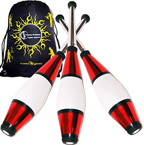 Euro PRO Jonglierkeulen 3er-Set (Rot) Jonglier Keulen Training Set + Flames N Games Reisetasche! Große Keulenjonglage Set für Kinder & Erwachsene!