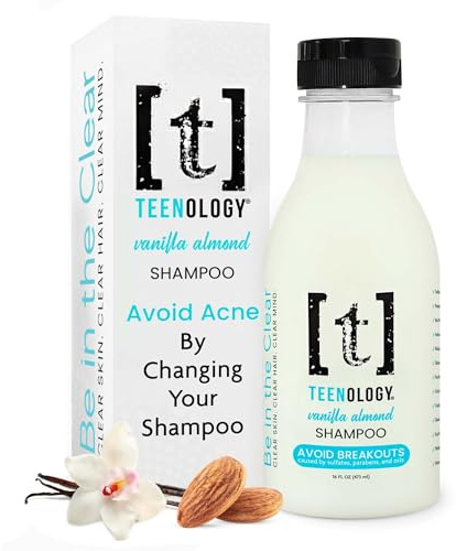 TEENOLOGY Shampoo for Teens - Avoid Forehead Acne & Breakouts - No Sulfates or Parabens Non Comedogenic Natural Plant Extracts 16oz (Vanilla Almond)