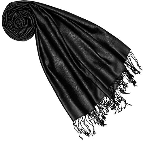 Lorenzo Cana Damen Pashmina 70% Seide 30% Viskose Paisley Muster Schaltuch 70 cm x 190 cm Damastschal Stola Frauenschal mit Fransen Schwarz 7862377