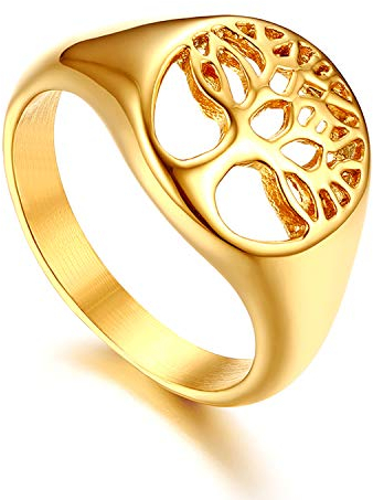 Flongo Herrenring Männer Damenring Siegelring Bandring Ringe, Edelstahl Biker Siegel Ring Gold Golden Baum des Lebens Tree of Life Partnerringe Verlobung Herren-Accessoires Größe 54