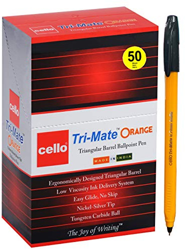 Cello Tri-Mate Orange Ballpoint Pens Medium Point Biro, (Black, Pack of 50)