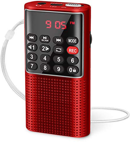 PRUNUS J-328 Mini radio FM portable de poche MP3 Walkman radio avec enregistreur, clé de verrouillage, lecteur de carte SD, fonctionne à piles rechargeables (pas AM) Rouge
