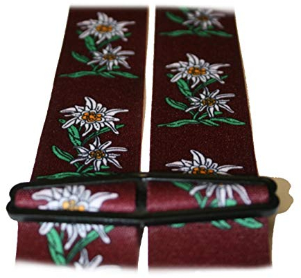 EDELWEISS Hosenträger aus ÖSTERREICH - AUSTRIA - WIEN - - im EDELWEISS-Design - 35mm Breit in H-Form mit 4 extra starken Clips UNI/Edelweiß wein-rot P-012