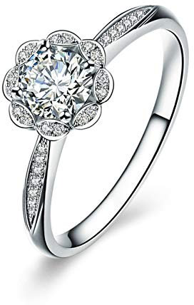 Daesar Ring 750 Weißgold für Damen, Blume Rund Diamant 0.16ct Partner Weißgold Ringe Trauring Große 68 (21.6)