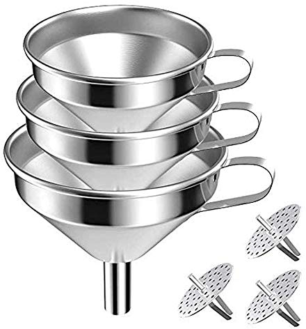Stainless Steel Funnel Set Kitchen Strainer Funnel Filter Set Wide Mouth Canning Funnels with Removable Filter Handle for Transferring Liquid, Fluid, Cooking Oil, Jam, Powder (3 Pack)