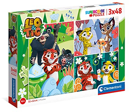 Clementoni - 25270 - Supercolor Puzzle Leo & Tig - 3X48 Teile Ab 4 Jahren, buntes Kinderpuzzle mit besonderer Leuchtkraft & Farbintensität, Geschicklichkeitsspiel für Kinder