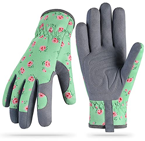 Baidast Gartenhandschuhe für Damen, atmungsaktive Leder-Arbeitshandschuhe mit Hirschleder, dornsichere Handschuhe zum Graben, Pflanzen, Hofarbeit, Zuhause