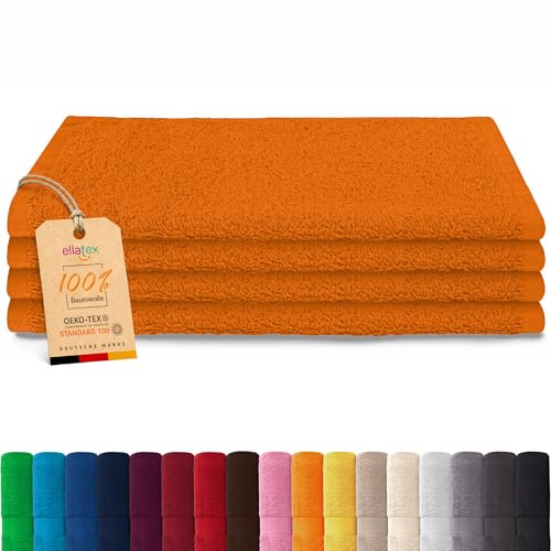 EllaTex Paris 4er Set Seiftücher 30x30 cm – 100% Baumwolle, 500 g/m² Frottier, flauschig, Farbe: Orange