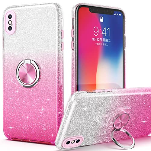 PeeTep iPhone Xs Max Case, Slim Glitter Sparkly Case with 360°Ring Holder Kickstand Magnetic Car Mount Shock-Absorbent Protective Durable Cover for iPhone Xs Max 6.5'' for Girls Women,Pink