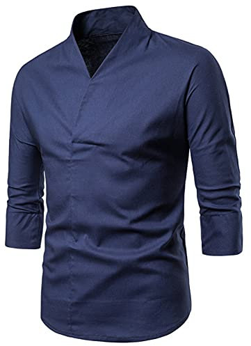 sutelang lurryly Chemise Coupe Ajustée Hommes Col Montant Manches Trois-quarts Slim Fit Chemise Couleur Unie Confort Mode Haut chemise d'affaires