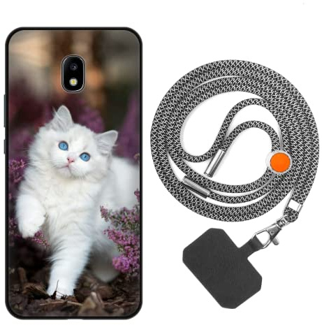 vingarshern Handyhülle Kompatibel mit Samsung Galaxy J3 2017 Hülle Silikon mit Aesthetic Muster,Stoßfest Schutzhülle mit Kordel,Weich Bumper Case mit Handykette/Umhängeban,Weiße Katze