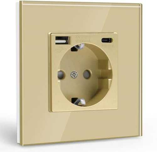 BSEED USB Steckdose Golden Schuko Steckdose mit USB Anschluss (Max. 2.1A) Typ C Port Unterputz Steckdose Glas Schutzkontakt-Steckdose Ladegerät für Handys, Laptops etc