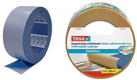 Ruban adhésif double face amovible pour moquettes, tapis et autres fixations 50 mm x 50m & Tesa Universal Rouleau de Ruban Adhésif Double Face pour Surfaces Lisses, Décoration, Marron, 25 mm x 50 mm