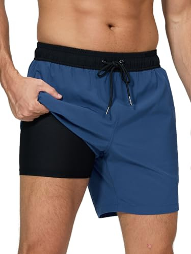 Arcweg Men's Swim Trunks Mens Swimming Shorts with Compression Liner Quick Dry Stretchy 2 in 1 Board Shorts with Zipper Pockets Black+Blue L(UK)