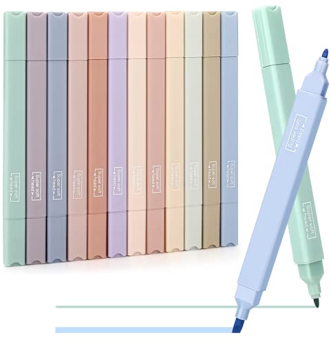 Miiepls Dual Tips Textmarker,12PCS Ästhetische Textmarker Assorted Farben Pastell Set, No Bleed Dry Fast Easy to Hold,für Journal Bibel Planer Notizen Schule Bürobedarf