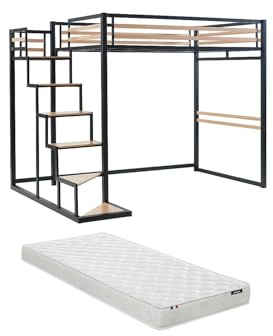 Vente-unique-Hochbett mit Matratze - 140 x 200 cm - Metall & MDF - Naturfarben & Schwarz - JOGUI