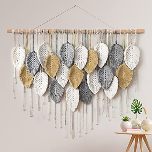 Weldomcor Macramé Wall Hanging Large Tapestry Woven Wall Hanging Boho Macramé Leaf Wall Decoration Feather Chic Woven Art for Bedroom Living Room Decoration, 100cm Yellow
