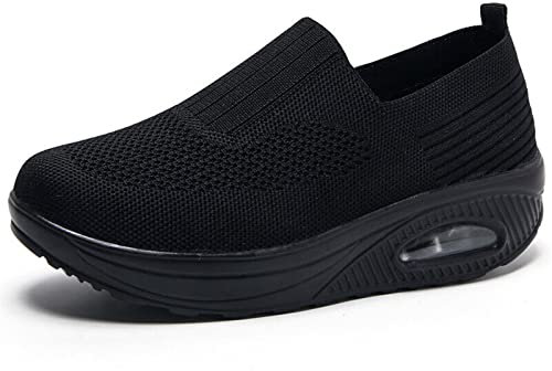 Dfcdcoo Baskets orthopédiques pour femme, baskets orthopédiques à enfiler avec coussin d'air et semelle compensée (noir, taille 39)