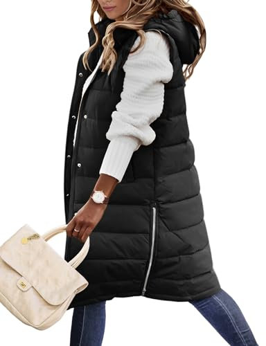Yuson Girl Chaleco Mujer Chalecos Acolchados Medio Largo Chaquetas sin Mangas Casual Chaleco Grueso Invierno Abrigo Outwear con Capucha Largos Calentador de Cuerpo con Bolsillos(Negro, L)