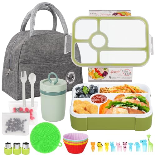 Bossjoy 27 PCs Lunch Box Kit, Bento Box for Adults & Kids, Leakproof Lunch Box with Bag, Oats Container, Fork & Spoon, School, Office, Picnics