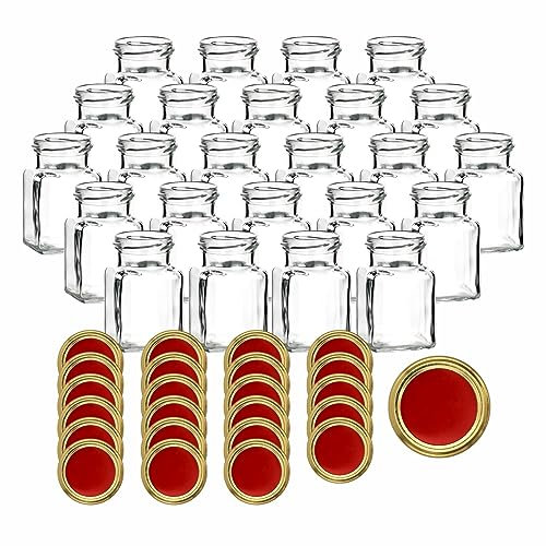gouveo 24er Set Einmachgläser 150 ml eckig mit Schraub-Deckel rot-gold - Kleine Vorratsgläser mit Schraubverschluss - Leere Gewürzgläser, Marmeladengläser, Einkochgläser, Einweckgläser