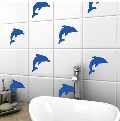 Hair Fairy Graphics Dolphin Vinyl Tile Stickers Nautical Wall Decal Transfers Bathroom Home Decor(Blue,12) (Black, 12)