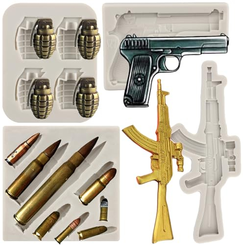 MYPRACS Gun Silicone Moulds Pistol Machine Gun Fondant Mould Bullet Silicone Moulds for Cake Decorating Cupcake Topper Chocolate Candy Polymer Clay Set of 4