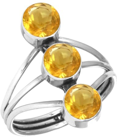 Jeweloporium Gelber Citrinquarz Silberring Größe 50 (15,9), 925 Sterling Silber Ring für Damen, Runder Stein Boho Schmuck