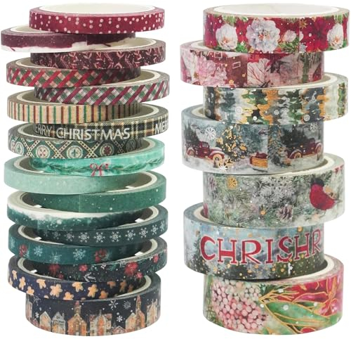 YUBX Weihnachten Washi Tape Set Weinlese 24 Rollen Silber GoldFolie Masking Tape dekorativ Klebeband Bunt für Kunst, DIY Handwerk, Bullet Journal liefert, Planer, Scrapbook, Geschenk Verpackung