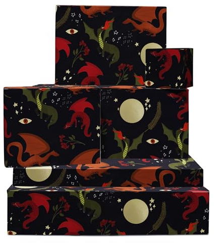 Schwarzes Geschenkpapier – 6 Bögen Geburtstagsgeschenkpapier – Drachen – Mond – Stern – für Männer und Frauen – Halloween – mit Aufklebern – recycelbar – von Central 23