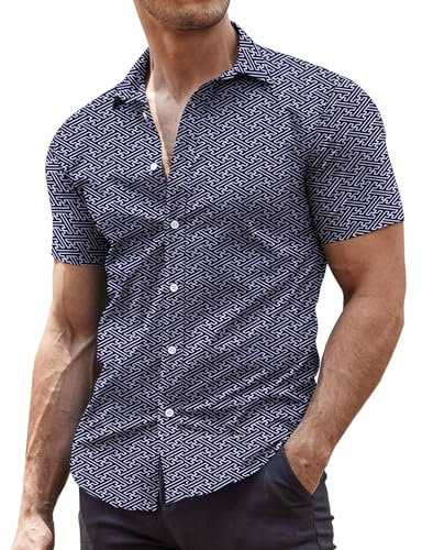 COOFANDY Mens Short Sleeved Summer Shirts Stretch Dress Shirts Muscle Fit Formal Shirt Non Iron Work Shirt Business Casual Tops Floral Blue-1 L